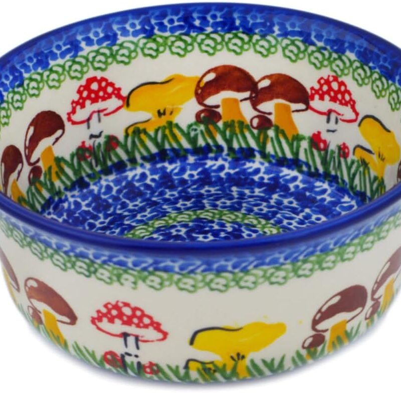 Authentic Polish Pottery Bowl 5-inch in Wild Mushroom Picking Design Handmade in Bolesławiec Poland by Ceramika Nina + Certificate of Authenticity