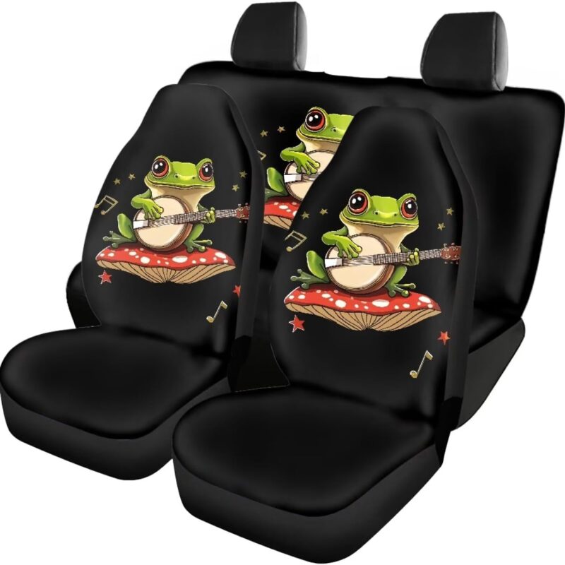 Mushroom Frog Car Seat Cover Full Set, Cute 4 Pieces Car Seat Protector for Women Men, Seat Cover Front Back Universal Fits SUV Sedan Vans for Car Interior Decor