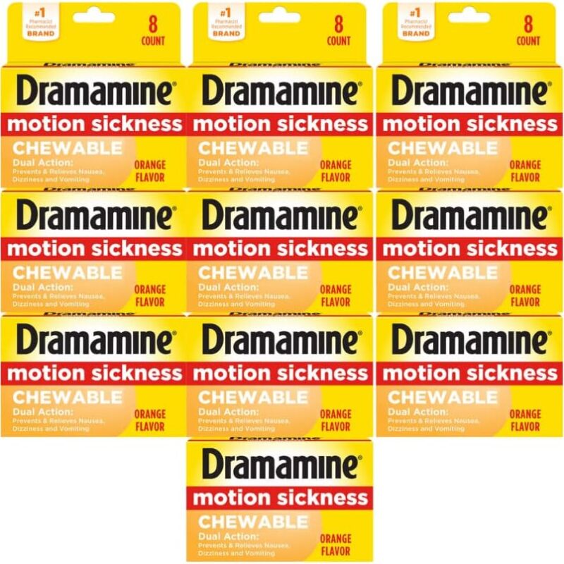 Dramamine Chewable Formula Motion Sickness Relief, 8 Orange Flavored Tablets each (Value Pack of 10)