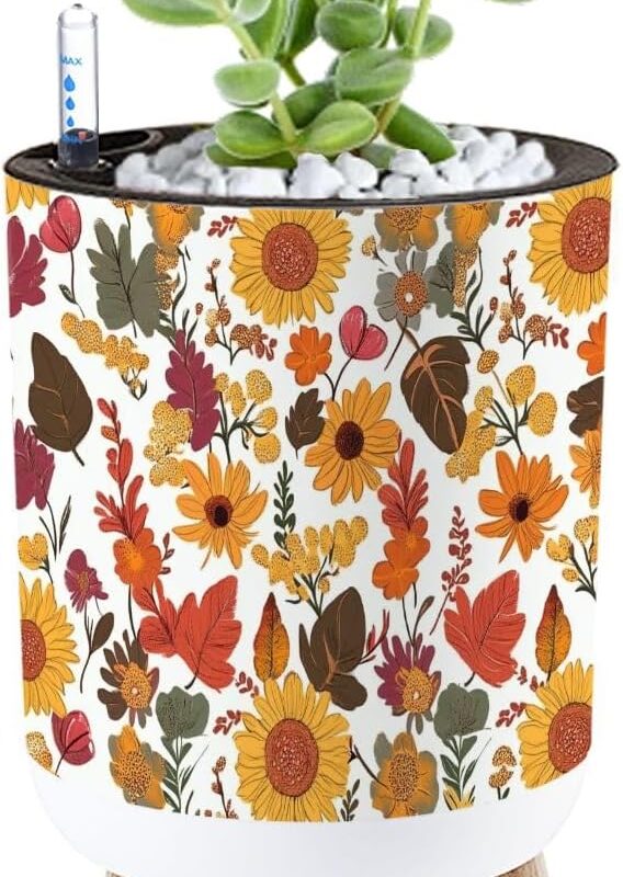 Planter with Stand Sunflower floral pattern Autumn floral seamless sunflower mushrooms 8.6" Self Watering Plant Pot with Legs Water Level Indicator & Water Inlet Lazy Flower Pot Indoor Modern Decor