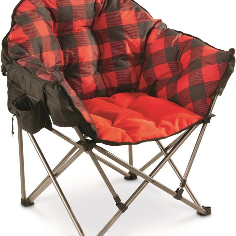 Guide Gear Club Camping Chair, Oversized, Portable, Folding with Padded Seats, 500-lb. Capacity Red Plaid