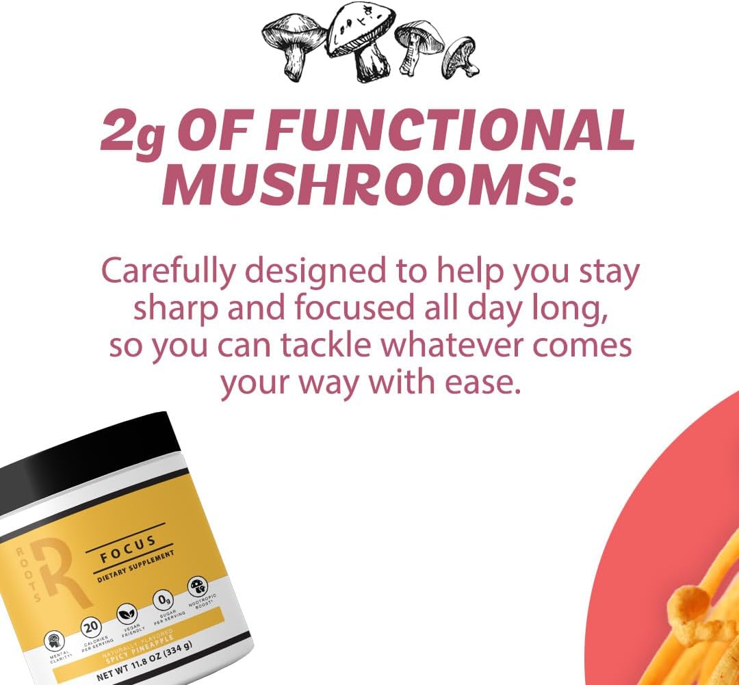 616aFpD3obL._AC_SL1080_.jpg Roots Focus Nootropic Brain Supplement - Spicy Pineapple, Blend of Lion's Mane, Cordyceps, & Reishi Functional Mushrooms + Extended-Release Caffeine, 50 Servings - Image 3