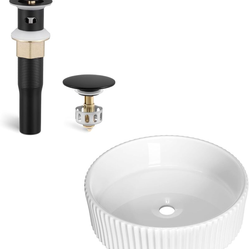 KES Bathroom Sink Drain with Strainer Basket Hair Catcher Matte Black White Vessel Sink for Bathroom Bowl Sink, S2013A-BK-KES+BVSC129