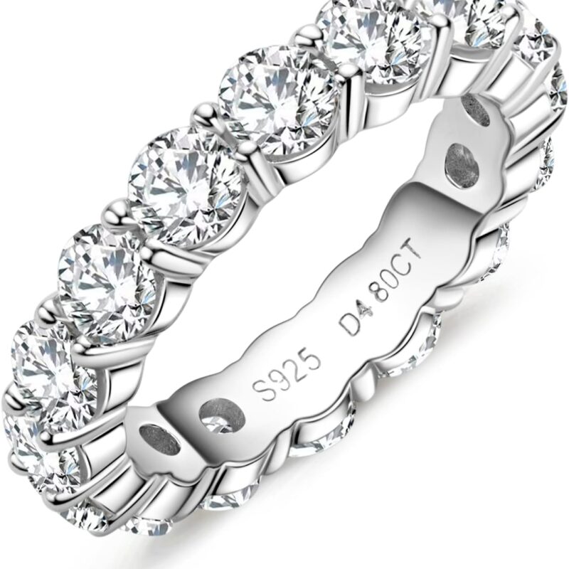 Moissanite Eternity Ring, 5cttw D Color VVS1 Lab Created Diamond 18K White Gold Plated Silver Engagement Wedding Bands for Women