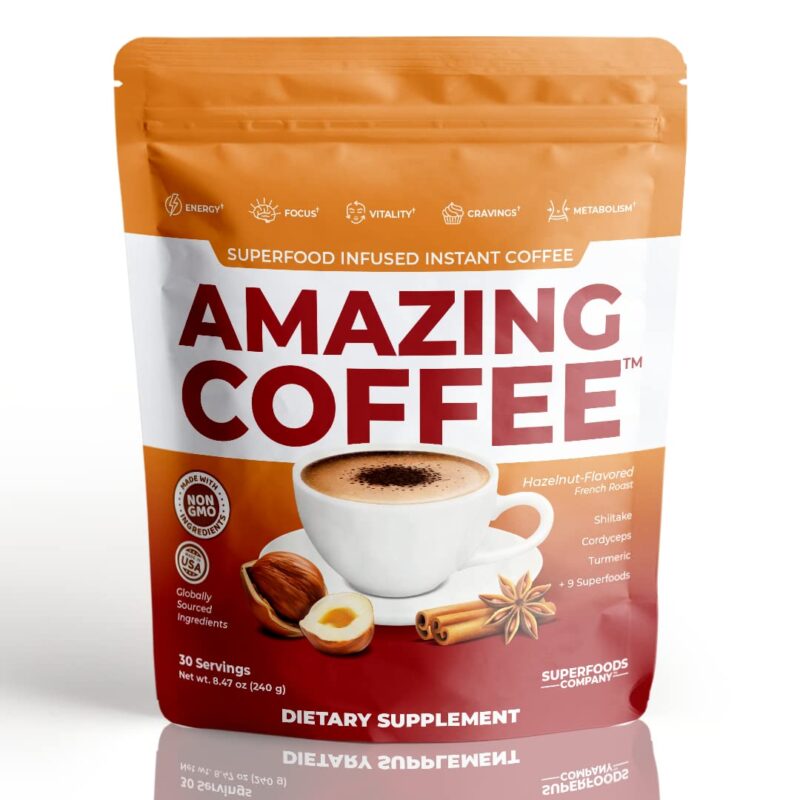 Amazing Coffee - French Roast Instant Coffee Infused with Adaptogenic Mushrooms & Superfoods - Energy, Focus, Digestion, Immunity - 30 Servings - Hazelnut Flavor
