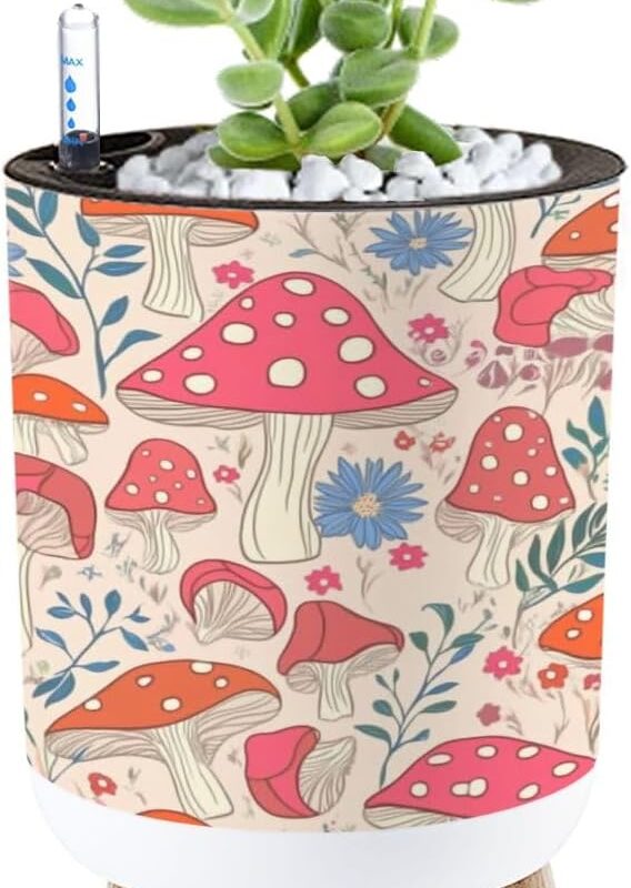 Planter with Stand Retro 70s 60s groovy floral hippie mushrooms flower seamless pattern 8.6" Self Watering Plant Pot with Legs Water Level Indicator & Water Inlet Lazy Flower Pot Indoor Modern Decor