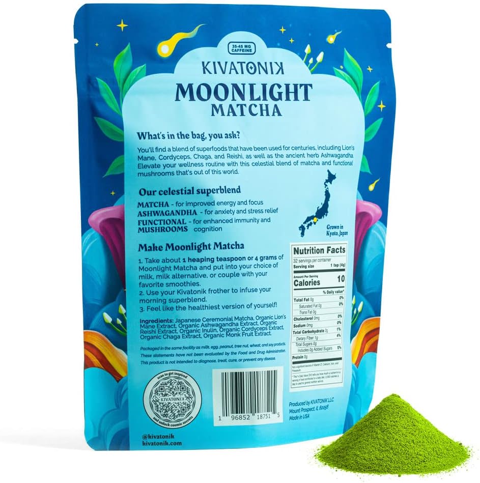 61CI90hqPzL._AC_SL1080_.jpg KIVATONIK Moonlight Matcha - Ceremonial Matcha with Organic Functional Mushrooms and Adaptogens - Lion's Mane, Cordyceps, Chaga, Reishi, and Ashwagandha (32 Servings, Lightly Sweetened) - Image 6
