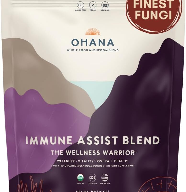 Ohana Immune Assist Blend, USDA-Organic Whole Food Mushroom Powder, Blend of 8 USA-Grown Mushrooms, Ideal for Energy, Immunity, Overall Wellness, Non-GMO, Gluten-Free, 1 lb Bag
