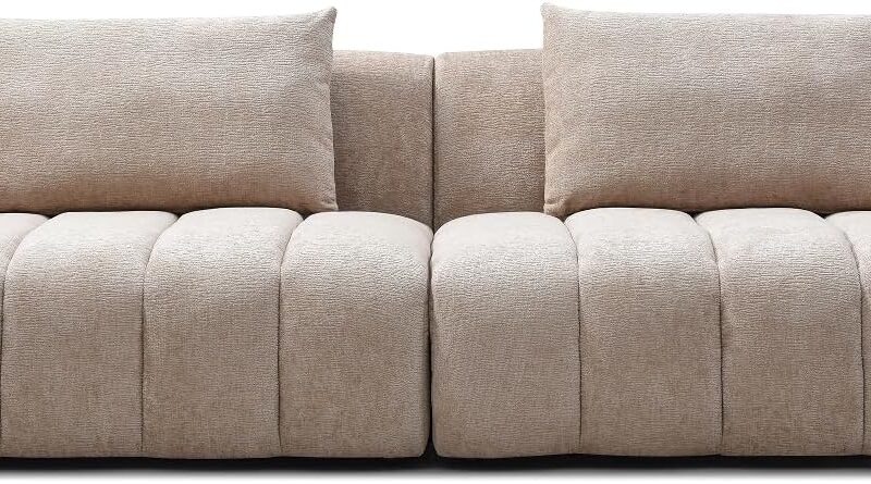 Modern Sectional Sofa, 4-Seater, Granular Fleece Velvet Upholstered Sofa Couch for Living Room Apartment Small Space (Camel)
