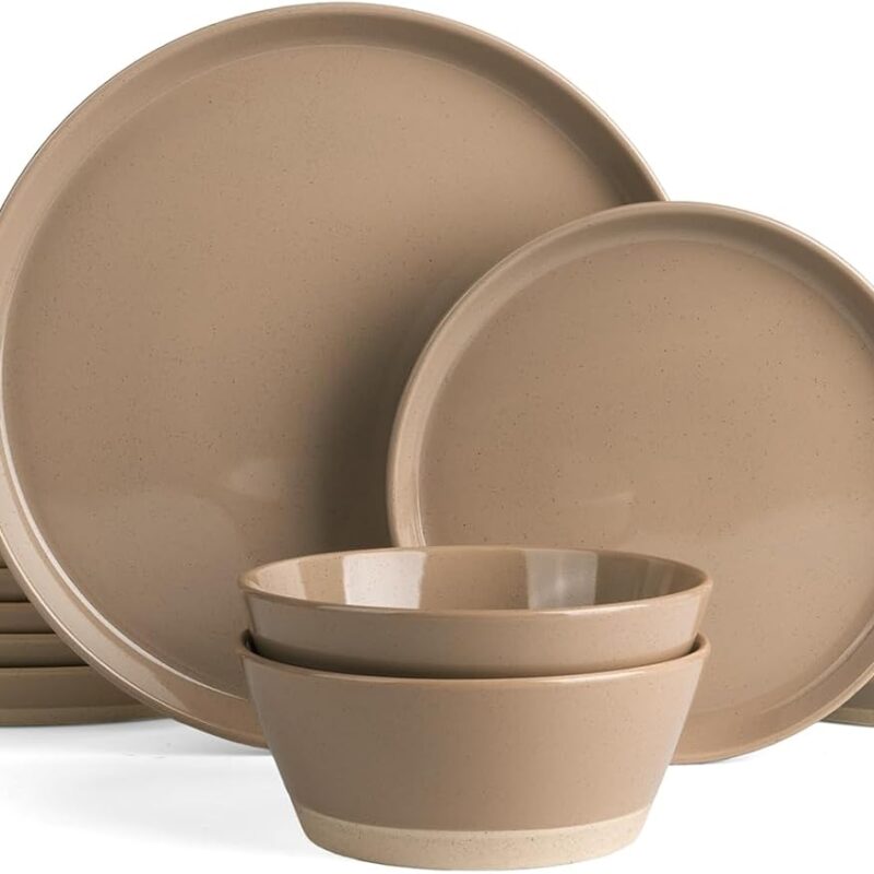 Famiware Saturn Dinnerware Sets, 18 Pieces Dish Set, Plates and Bowls Sets for 6, Cinnamon Brown
