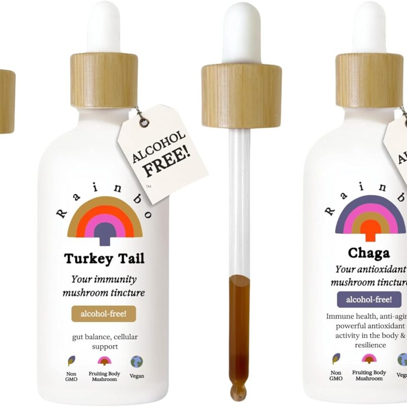 Alcohol Free Mushroom Bundle, Turkey Tail Mushroom Extract + Chaga Mushroom Tincture, Dual Extract Daily Mushroom Tinctures for Comprehensive Immune Support, Vegan Liquid Mushroom Supplements
