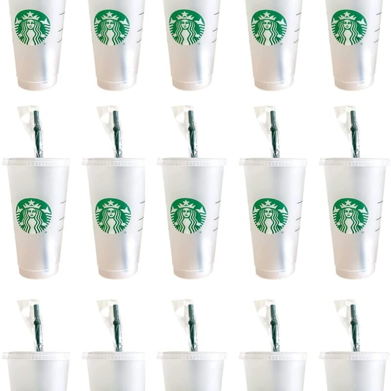 Starbucks 15 Pack Bundle - Reusable Frosted 24 oz Cold Cup with Lid and Green Straw w/Stopper