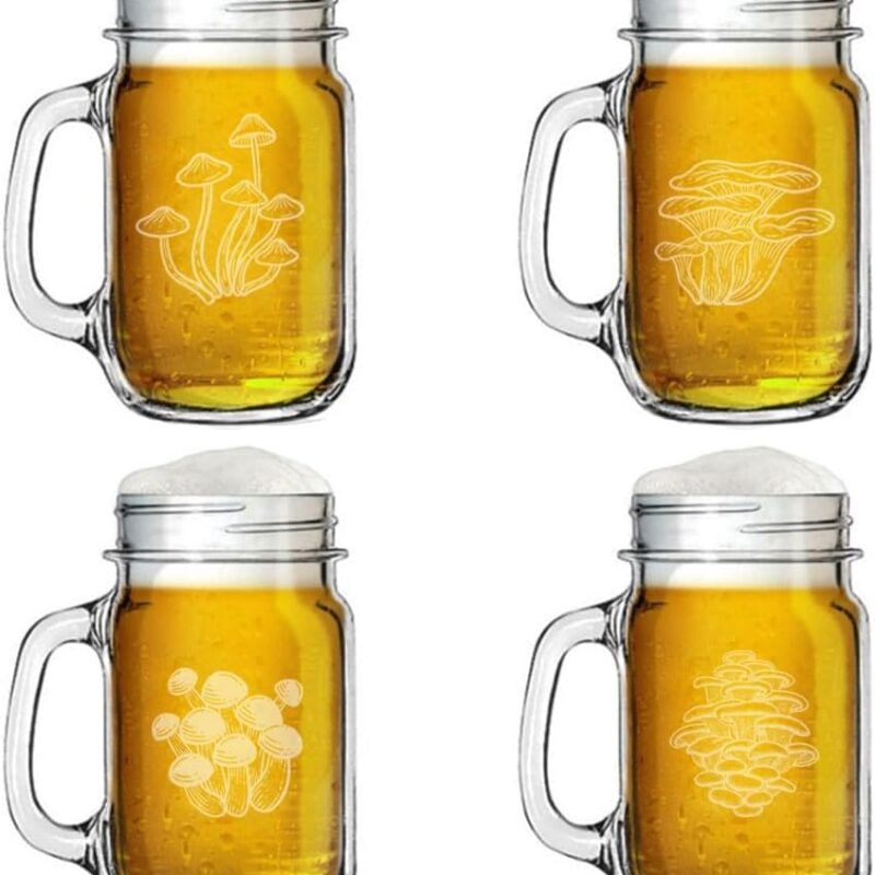 16oz Mason Jar Glass Mug w/Handle Gift Set of 4 Mushroom Collection
