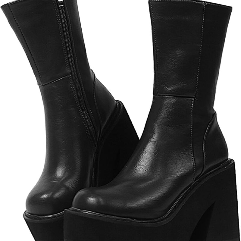AMINUGAL Womens Wedge Heel Ankle Boots Platform Zipper Punk Motorcycle Booties Chunky Block High Heel Round Toe Fashion Work Combat Boots Mid Calf For Women