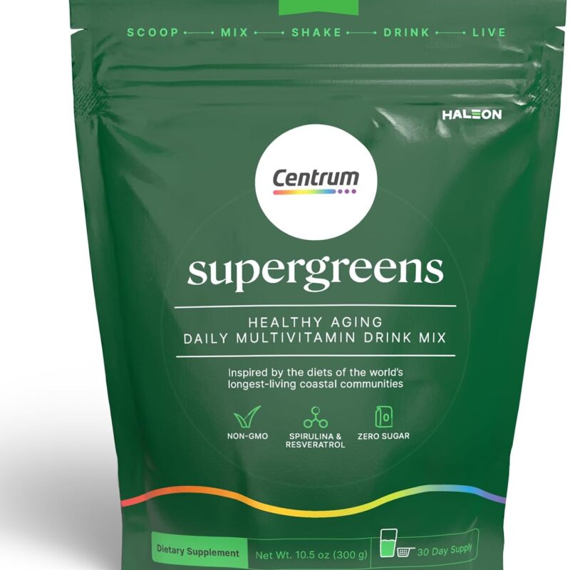 Centrum Supergreens - Superfood Powder & Multivitamin for Adults – Greens Powder with Spirulina, Mushroom, Prebiotics & Enzyme Blend – 30-Day Supply