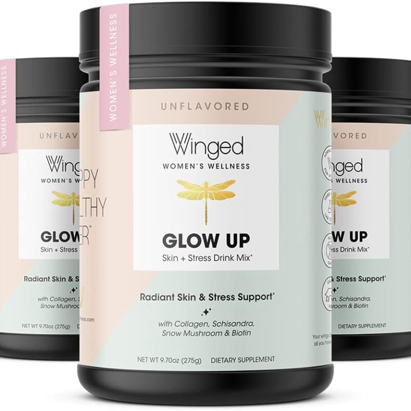 Winged Glow Up Collagen Powder 3 Pack | Hair, Skin, Nails & Stress Relief for Women | Grass Fed Collagen Peptides w/Adaptogen Schisandra, Snow Mushroom, Vitamin C & Biotin | Unflavored (75 Servings)
