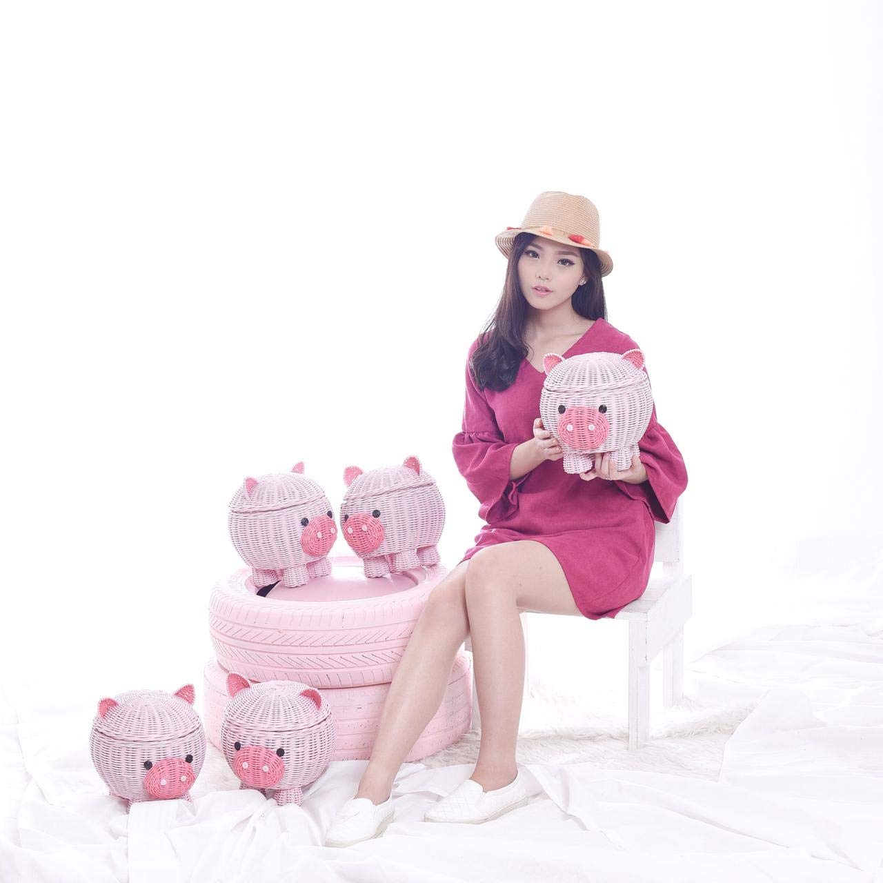 61OJNAxOMiL._SL1280_.jpg Pig Rattan Storage Basket With Lid Decorative Bin Home Decor Hand Woven Shelf Organizer Cute Handmade Handcrafted Nursery Gift Animal Decoration Artwork Wicker Pink Piggy (Large) - Image 7