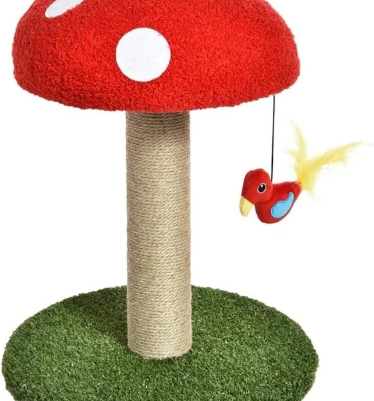 Cat Scratching Post Mushroom with Dangling Toy and Realistic Grass, Cat Scratcher 100% Sisal Covered Scratching Post, Mushroom Cat Post for Indoor Cats