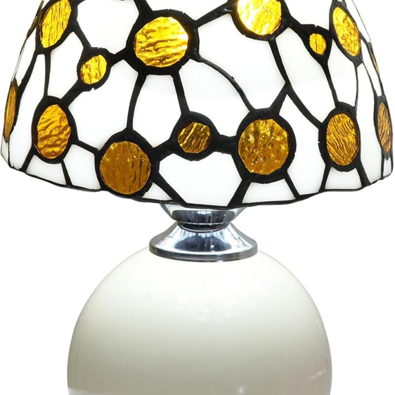 Tiffany Style Stained Glass Yellow White Mushroom Table Lamp Bedroom Bedside Office Art Nightstand Accent Led Small Night Light Unique Esthetic Cute Kids Girls Decor Vintage Home Desk Lamp
