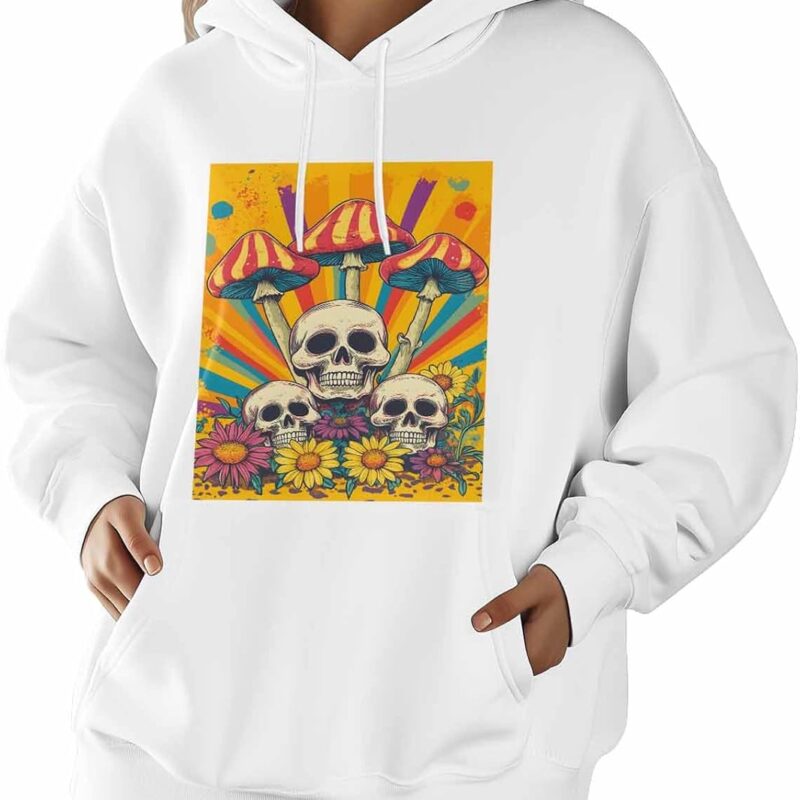 Womens Hoodies Fashion Hooded Sweatshirts Skull Orange Mushroom Casual Long Sleeve Drawstring Pullover Tops Shirt