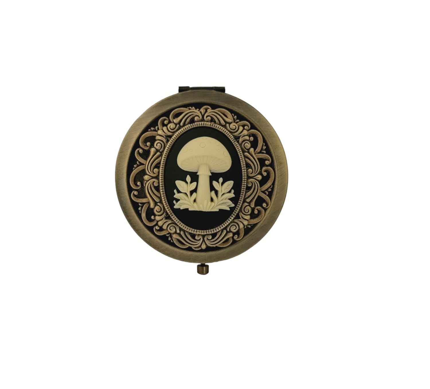 61PMZ3djVPL._SL1500_.jpg Handmade Victorian Oxidized Brass Mushroom Cameo Compact Mirror - Image 2
