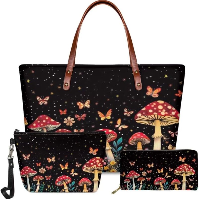 Jeiento Mushroom Butterfly Large Fashion HandBag for Women Ladies Hand Bag Large Cosmetic Bag Make Up Organizer Case Wristlet Wallet,3pc/Set