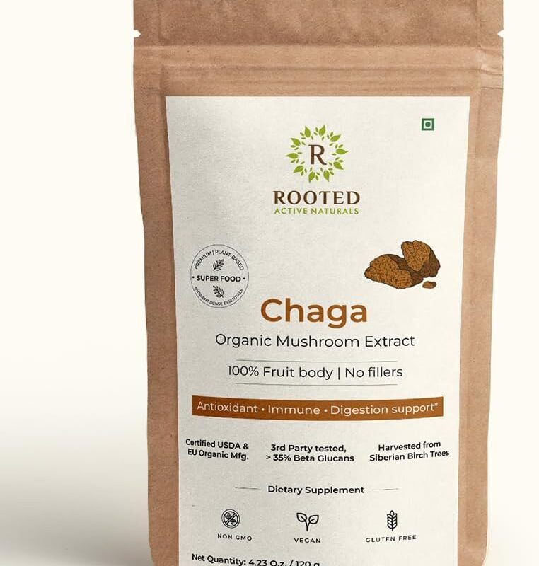 ROOTED Actives, Siberian Chaga Mushroom Extract, USDA & EU Organic| 35% Beta Glucans - Lab Verified | Cardio, Antioxidant & Immunity Support (4.23 Ounce)
