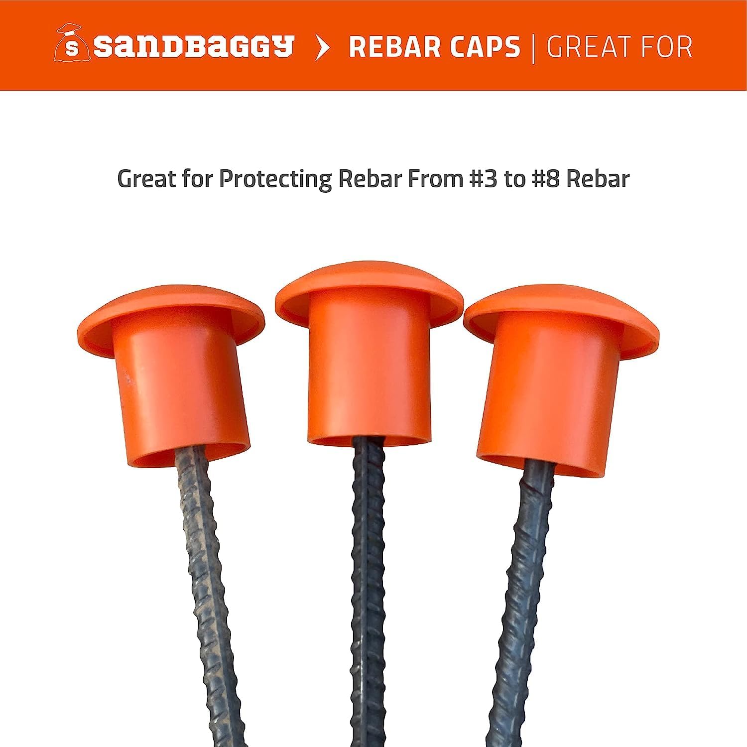 61T9I61mUlL._AC_SL1500_.jpg Sandbaggy Orange Rebar Mushroom Safety Caps | Fits Rebar Sizes #3 - #8 | Fits T-Posts (up to 1 lb/ft), U Posts| Reusable Multiple Times | Not OSHA Approved (250) - Image 2