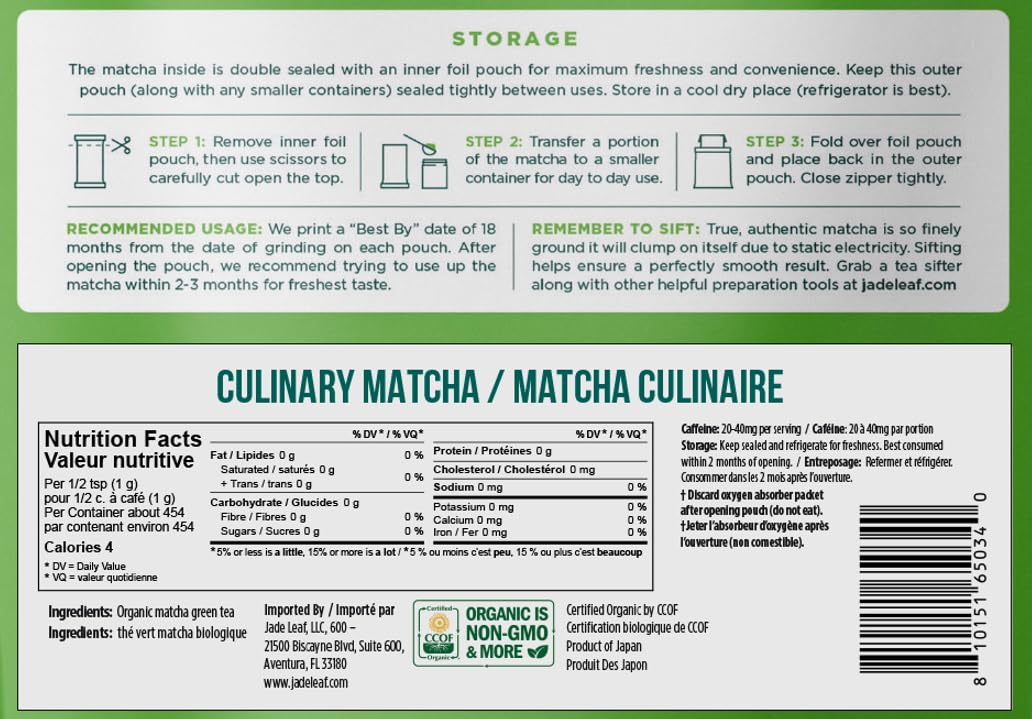 61Th9Ak4ehL._SL1032_.jpg Jade Leaf Matcha Organic Culinary Grade Green Tea Powder - Farm Direct Second Harvest for Blending and Cooking - Authentic Japanese Origin (1 Pound Bulk Resealble Pouch) - Image 4