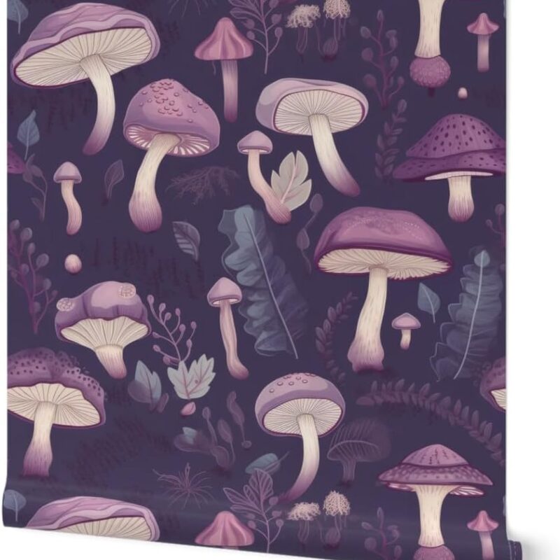 Peel & Stick Wallpaper 12ft x 2ft - Enchanted Purple Mushrooms Fungus Woodland Violet Shrooms Fungi Botanical Fairies Monochrome Custom Removable Wallpaper by Spoonflower