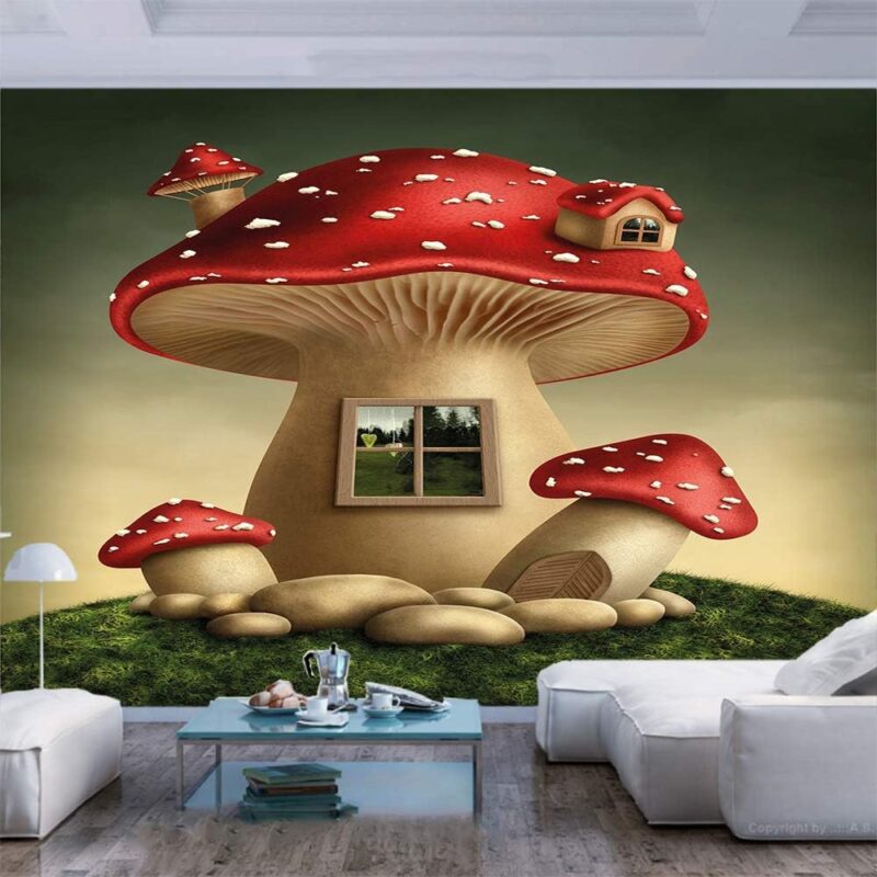 77x55 inches Wall Mural,Alone Fantasy Mushroom House in Fantasy Forest Cottage Window Surreal Decorative Peel and Stick Self-Adhesive Wallpaper Removable Large Wall Sticker Wall Decor for Home Office