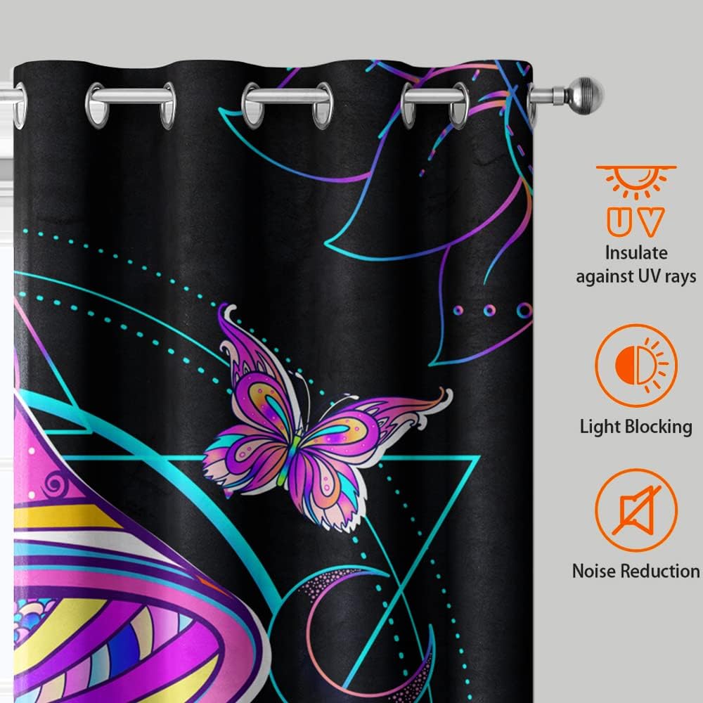 61WKmDhZeBL._AC_SL1000_.jpg HOSIMA Magic Mushroom Curtains - 2 Panel Mandala Floral Butterfly Curtains for Living Room, Teen Girls' Trendy Room Decor, Black, 52W x 84H Inch - Image 4