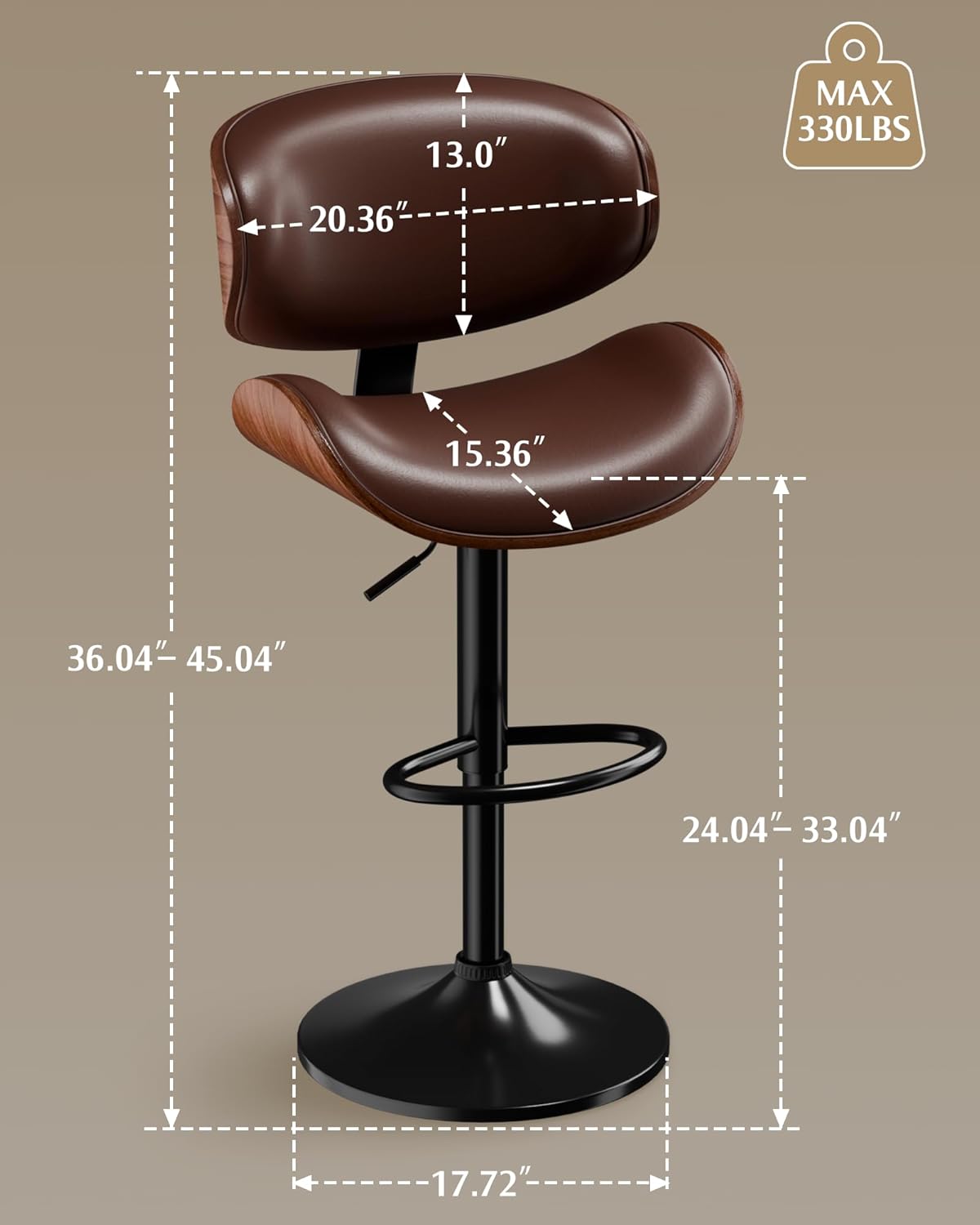 61WY2MSfuUL._AC_SL1500_.jpg Bar Stools Set of 2, Adjustable Swivel Leather Bar Stools for Kitchen Island, Mid Century Modern Counter Height Bar Chairs Barstools with Back & Footrest (Brown) - Image 3