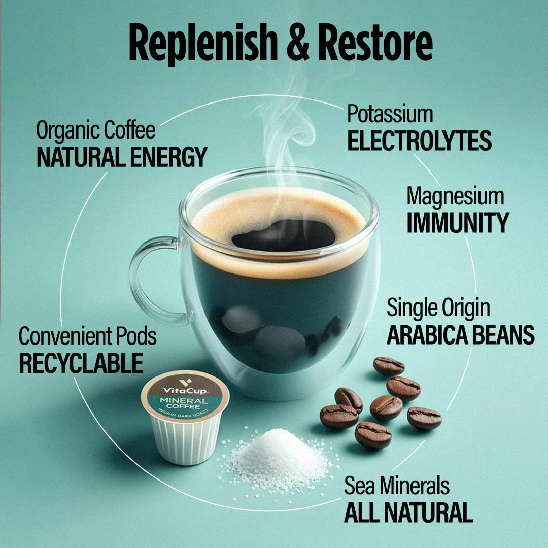 61XSfFW-hL._SL1080_.jpg VitaCup Mushroom Coffee, for Focus, Memory & Clarity, Medium Dark Roast, 16ct | Mineral Coffee Pods with Trace Minerals, Hydrate, Replenish & Restore, Medium Dark Roast 16ct, Coffee Pod Bundle - Image 7