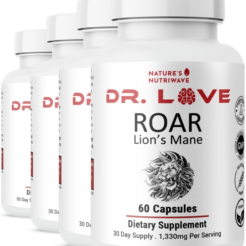 Dr. Love Roar Lion’s Mane Mushroom Supplement – Plant-Based Formula with Cordyceps, Reishi & Shiitake – Vegan, Gluten-Free, GMP Certified, Made in USA – 60 Capsules, 4 Month Supply