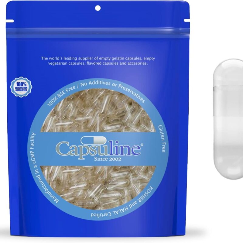 Capsuline Size 00 - Clear Empty Gelatin Capsules - 5000 Count - Empty Gel Pill Capsules - DIY Pure Bovine Pill Capsule Filling - Empty Caps - Kosher, Gluten Free and Halal Certified Clear