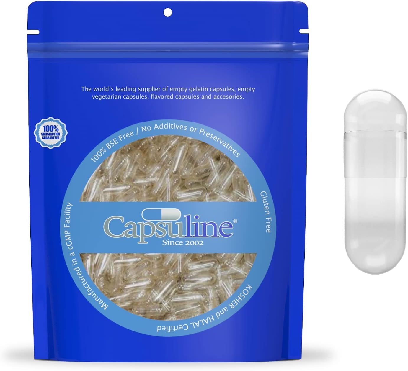 61aMB4BtSyL._AC_SL1500_.jpg Capsuline Size 00 - Clear Empty Gelatin Capsules - 5000 Count - Empty Gel Pill Capsules - DIY Pure Bovine Pill Capsule Filling - Empty Caps - Kosher, Gluten Free and Halal Certified Clear