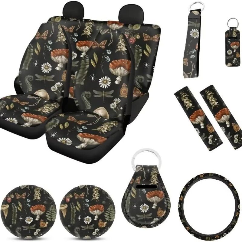 Mushroom Car Seat Covers Full Set for Women 12PCS Daisy Dragonfly Mushrooms Steering Wheel Covers+Seat Belt+Coasters+Chapstick Sleeve+Keychain Universal Auto Interior Protector Accessory