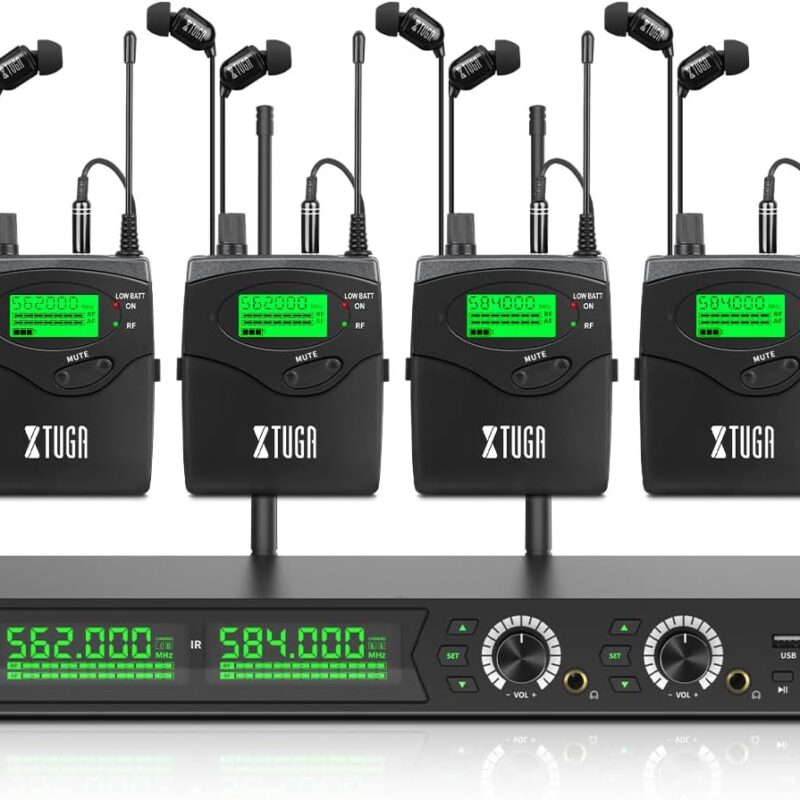 XTUGA RW2090 Wireless in Ear Monitor Systems, 2 * 100 Frequencies with 4 Bodypacks, Mono Channel IEM Monitoring, 230ft(70m) Operation,Bluetooth Earphone Fit for Stage, Studio and Band
