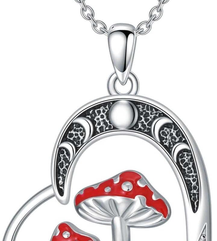 Mushroom Necklace for Women 925 Sterling Silver Magical Red Mushroom Heart Pendant Necklace Birthday Jewelry Gifts for Women