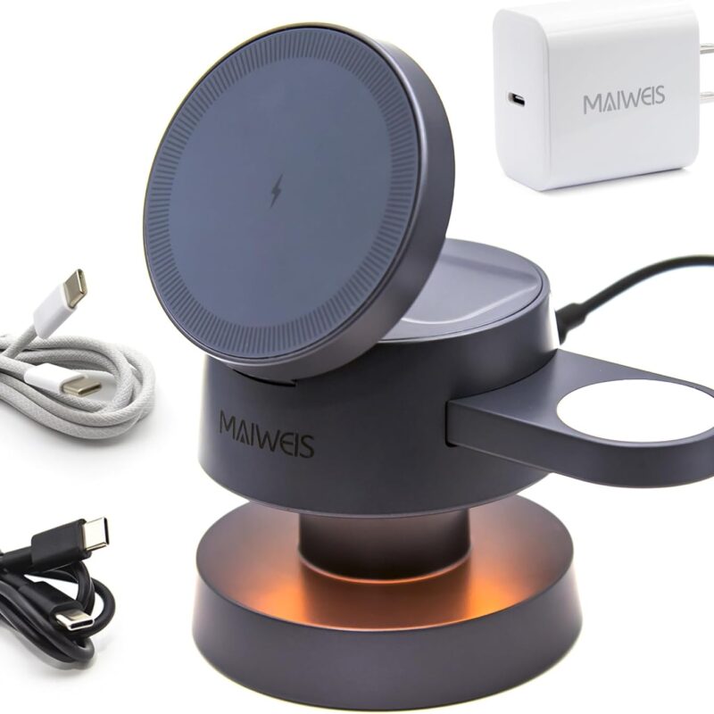4in1 Magnetic Wireless Charging Station with Touch Mushroom Night Light Fast Charger for iPhone Series Apple Watch AirPods Portable Multi-Device Charging for Home Office Travel Gift Idea