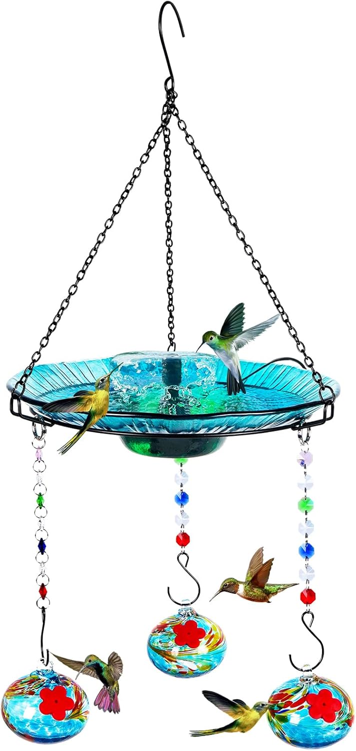 61fgnuXVcwL._AC_SL1500_.jpg Hummingbird Feeder and Bird Bath for Outdoors 2-in-1 for Small Birds - Hummingbird Bath Fountain with 3 Red Feeder Pots - Hanging Solar Bird Bath Fountains NY1-FN04