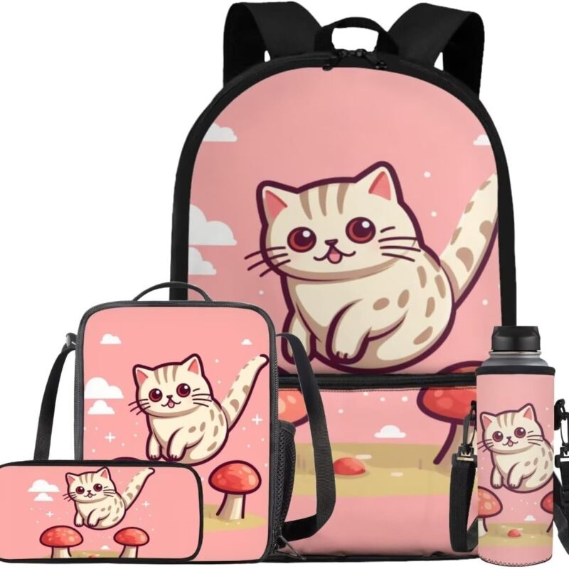 Cute Cat Mushroom Backpack for Girls Bookbags for Teens Kid Elementary Middle High Student, Lightweight School Bag Shoulder bag with Lunch Bag Pencil Case Water Bottle Sleeve