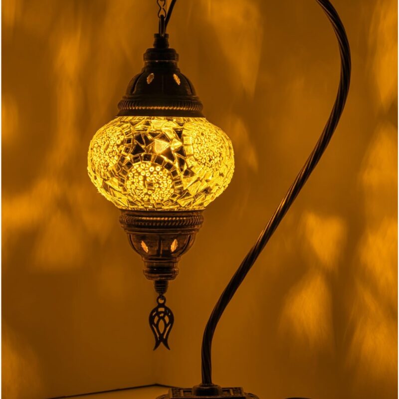 Kafthan Turkish Moroccan Mosaic Lamp – Handmade Glass Swan Neck Bedside Lamp with Antique Brass Base, Ideal Decor for Bedroom, Office, Living Room – Bulb Included (White Triple Circles)