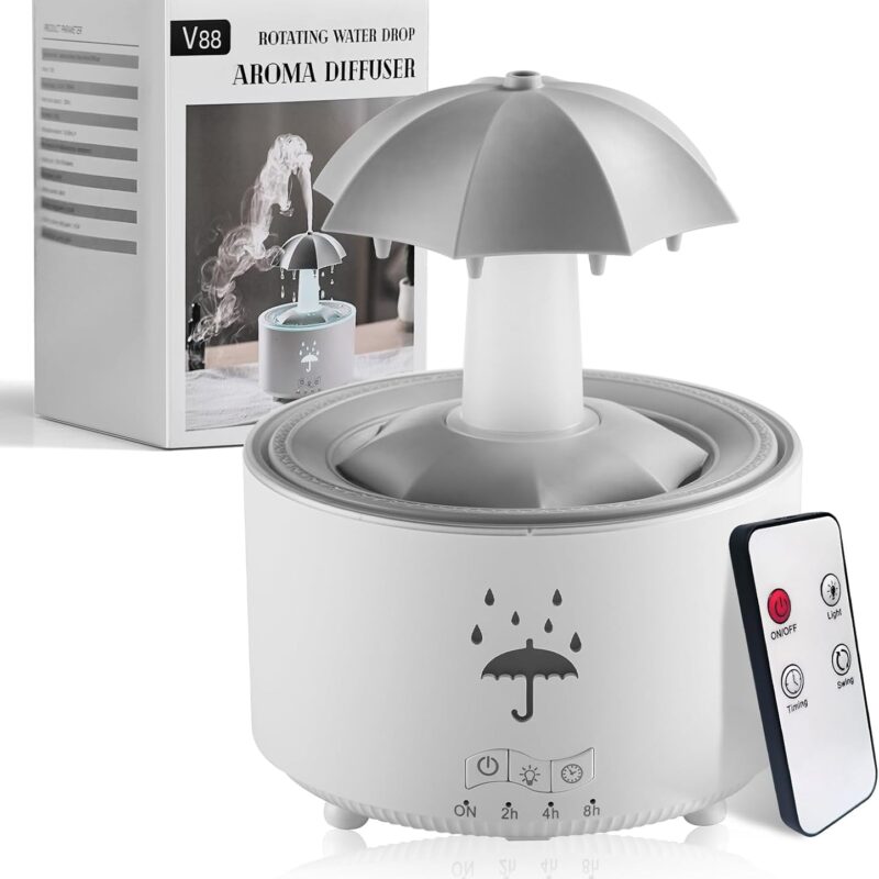 Rain Umbrella Humidifier,Essential Oil Aroma Diffuser with Soothing Rain Sounds,Water Drip Effect,7 Colors Mood Lights,Remote Control, Timer and Auto-Off, Raindrops Relaxing Sound for Deep Sleep
