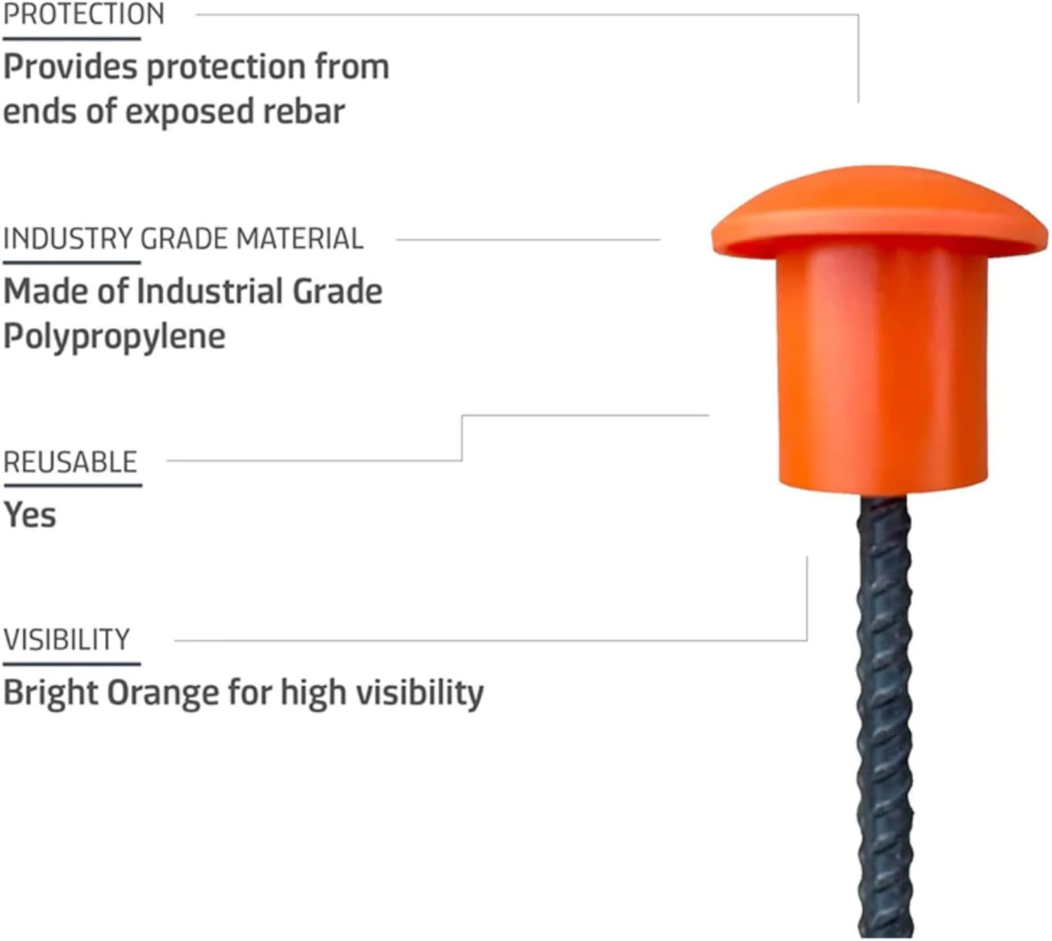 61kl8ZcTCYL._AC_SL1500_.jpg Orange Rebar Caps - 250 Pcs Plastic Mushroom End Caps for Safety, Fits #3-#7 Rebar, 10-30mm - Image 3