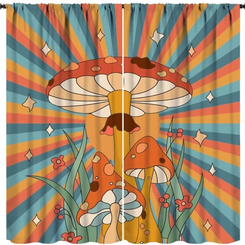 Boho Mushroom Curtains, 1970s Retro Sunset Rainbow Boho Herbs Flowers Blue Yellow Abstract Geometric Print Blackout Window Drapes for Kids Bedroom Living Room 84x84in