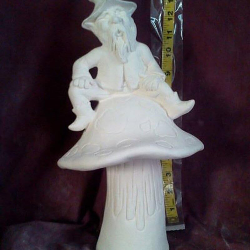 Creative Kreations Ceramics Feisty Gnome on Mushroom 10" Ceramic Bisque, Ready to Paint, White/Light Grey