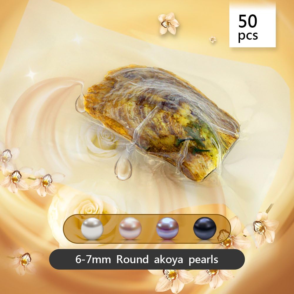 61n8hz2jZ8L._AC_SL1000_.jpg 50PCS Akoya Pearl Oysters to Open, Saltwater Cultured Pearl Oyster for Party(6-7mm, White, Pink, Purple, Black) - Image 2