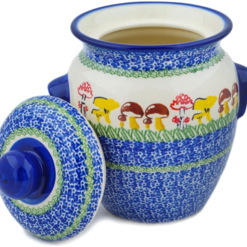 Authentic Polish Pottery Jar with Lid and Handles in Wild Mushroom Picking Design Handmade in Bolesławiec Poland by Ceramika Nina + Certificate of Authenticity